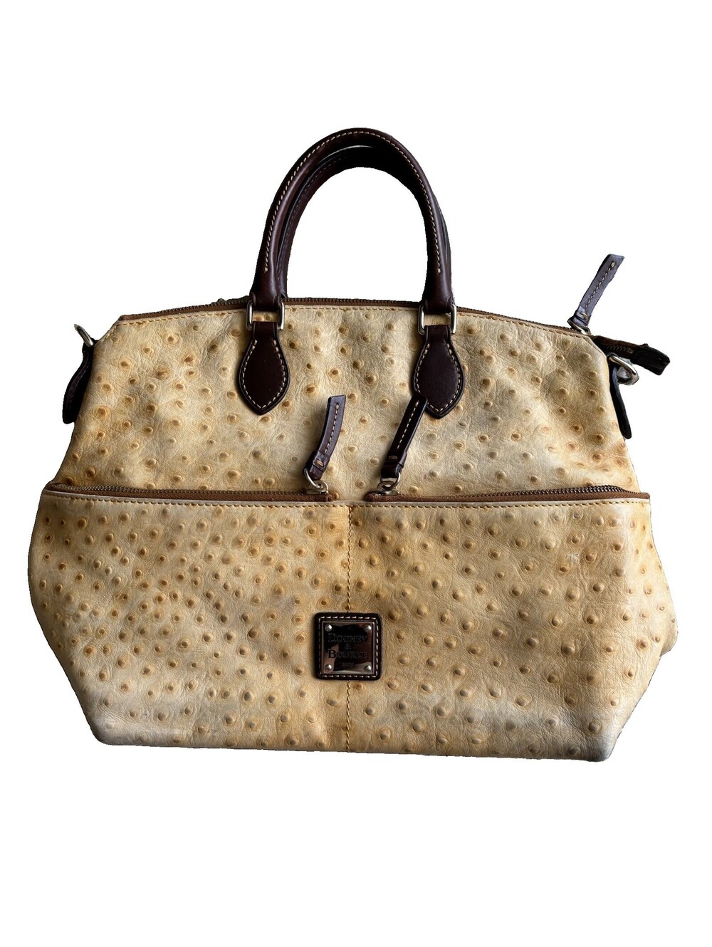 Dooney Bourke Yellow Beige Ostrich Embossed Leather Front Pocket Satchel Bag